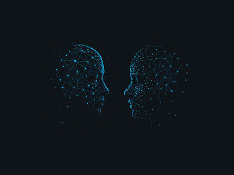 AI face profile made of data particles and neural network lines, futuristic
