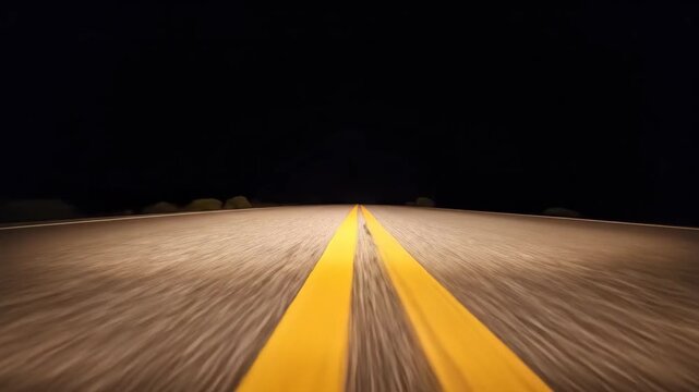A point-of-view shot of driving fast at night down a dark, straight road with bright yellow double lines illuminated by headlights. The motion suggests speed and long-distance travel.
