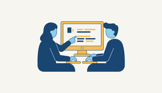 A pair of developers collaborating in a pair programming session sharing ideas and writing code on a single computer screen.