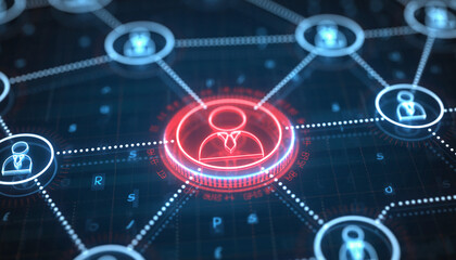 Cyber Connection: A network of connected nodes pulses with digital energy, with one central figure highlighted in a vibrant glow