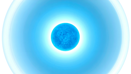 A vibrant, celestial body glows with concentric blue light against a clean backdrop