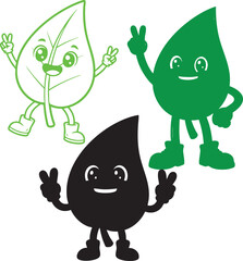 Cute Leaf Characters Vector Set – Happy Cartoon Leaves with Peace Signs