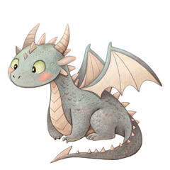 Cute fantasy dwarf realm baby dragon with wings horns and textured scales in detailed watercolor style