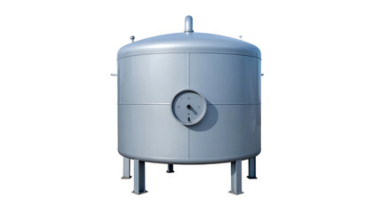 Metallic cylindrical tank, pressure gauge, supports, isolated, industrial equipment