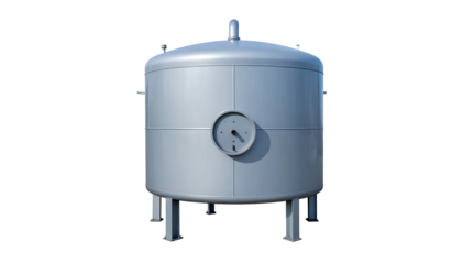 Metallic cylindrical tank, pressure gauge, supports, isolated, industrial equipment