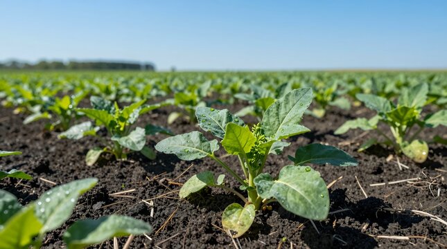 Young oilseed rape seedlings emerging from rich dark soil under clear blue sky