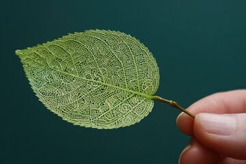 Detailed leaf skeleton held in hand, showing intricate, circular lace-like patterns against a deep teal background
