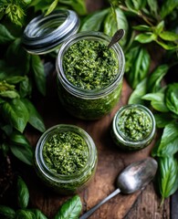 Overhead view of three glass jars filled with vibrant green pesto, nested among fresh basil leaves on rustic wood