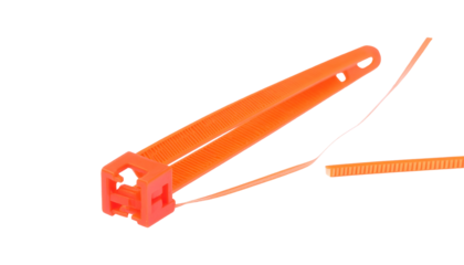 Bright orange plastic cable tie, partially open, against a black backdrop