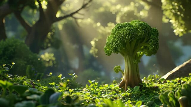 A magical garden with a giant broccoli tree at its center.