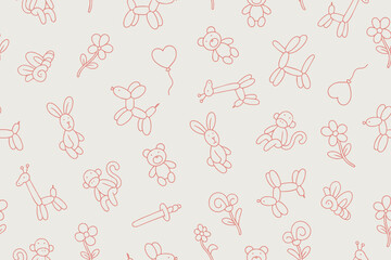  Seamless vector illustration featuring playful balloon animals and cute doodles. Includes bunnies, bears, monkeys, giraffes, and floral designs, perfect for children&rsquo;s decor 