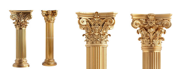 Four ornate golden corinthian column capitals and shafts isolated on transparent background