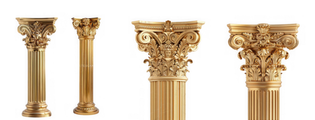Four ornate golden corinthian column capitals and shafts isolated on transparent background