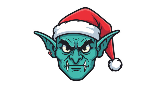 Cartoon Goblin Head Wearing a Christmas Santa Hat.