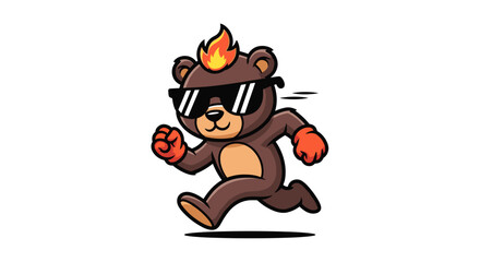 Fototapeta premium Cool Bear Cartoon Character Running with Sunglasses and Flame on Head.