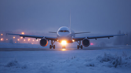 Front view of an airplane on a snow-covered runway at dusk with lights on, presenting a symmetrical image. The scene combines elements of travel, winter, and technology.