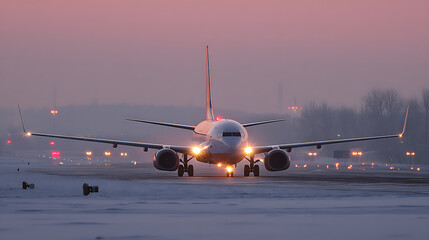 Obraz premium An airplane in full view on the runway with lights shining. Preparing for takeoff, the plane sits on the snow-covered tarmac as dusk sets. The scene is serene, awaiting flight.