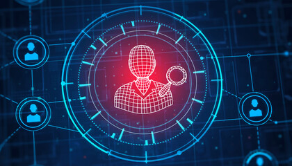 Digital Persona Analysis: A stylized illustration depicting a digital avatar within a network, highlighting concepts of online identity and data analysis.
