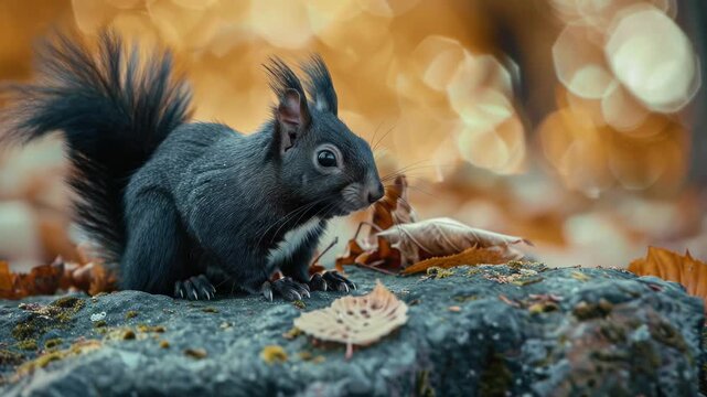 A squirrel standing on a mossy rock surrounded by fallen leaves of various colors indicative of autumn.
