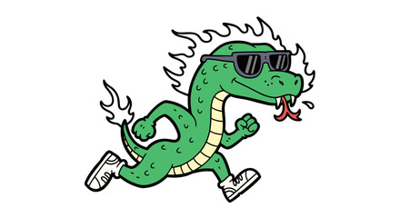 Fototapeta premium Cool Green Dragon Mascot Running with Sunglasses and Flames.