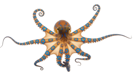 Isolated blue-ringed octopus with dangerous venom and characteristic blue rings on its body