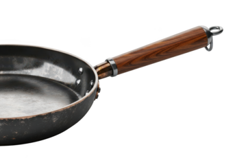3d icon of used frying pan isolated on transparent background, showing wear and tear from cooking, representing kitchenware, food preparation, and culinary art