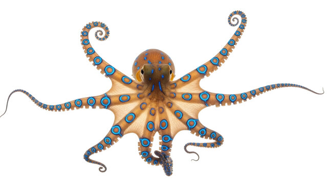 Isolated blue-ringed octopus with dangerous venom and characteristic blue rings on its body
