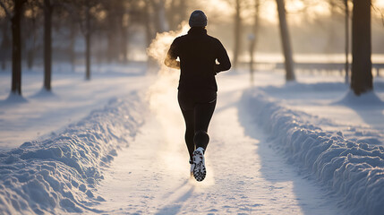 A lone runner braves the cold, her breath a visible cloud in the crisp winter air. The snow-lined path stretches before her, a testament to her determination. Winter workout.