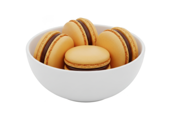3d icon of bowl of beige french macarons with chocolate filling isolated on transparent background macarons are a popular dessert and are often served at parties