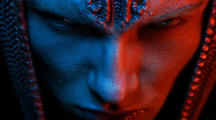 evil vampire under blue and red sidelight, dramatic horror portrait in dual lighting, sinister vampire character in cinematic glow