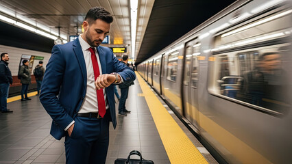 Businessman checking watch while waiting for subway train at station  