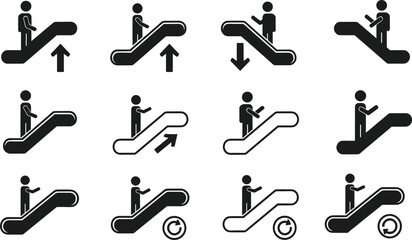 Escalator direction icons set featuring upward, downward, and rotation symbols with human figures in solid and outline styles for safety signage, navigation, wayfinding, and public facility design