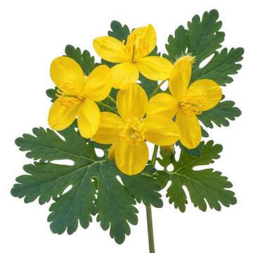 Greater celandine, yellow blooms with lobed leaves, detailed close-up
