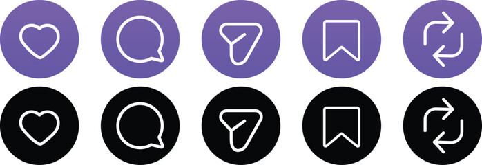 Like, Repost, comment share save vector icon set. Site navigation symbol. Social media web linear sign 