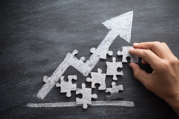 Hand completes a chalk arrow-growth graph with puzzle pieces on a textured, dark gray surface