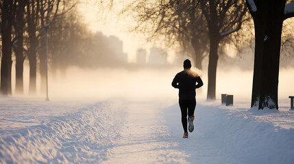 Fototapeta premium A lone runner braves a frigid winter landscape, their breath misting in the cold air. The snowy path winds through trees, disappearing into a hazy, golden sunrise.