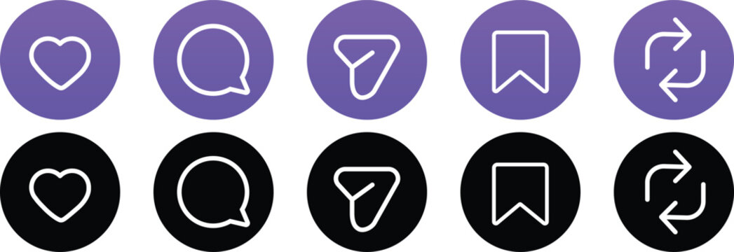 Like, Repost, comment share save vector icon set. Site navigation symbol. Social media web linear sign 