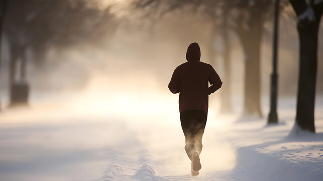 A solitary figure braves the snowy path. Each stride echoes in the crisp air, their determination a beacon in the wintry landscape. Running in winter is possible.