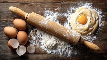 Rolling pin, flour, a fresh egg yolk on homemade dough, and brown eggs with a cracked shell are arranged on a dark rustic wooden surface, representing the baking preparation process