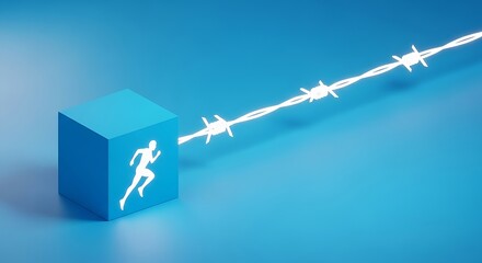 Running man icon encounters glowing barbed wire obstacle ahead