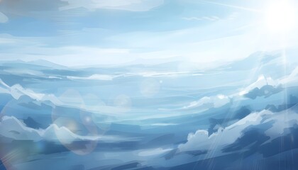 A bright, ethereal sky with soft blue and white clouds and a radiant sun.