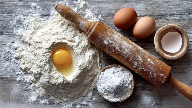 Essential baking ingredients including a pile of white flour with a cracked egg yolk, a wooden rolling pin, whole eggs, and an eggshell in a bowl, arranged on a rustic wooden table - Powered by Adobe