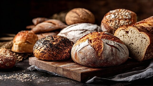 Rustic artisan bread assortment, including sourdough loaves, buns, and baguettes, rests on a wooden board with wheat grains and flour, showcasing freshly baked goods for healthy eating - Powered by Adobe