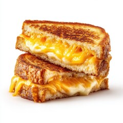 Stack of two golden-brown grilled cheese sandwiches oozing with melted yellow and white cheese, on a white background