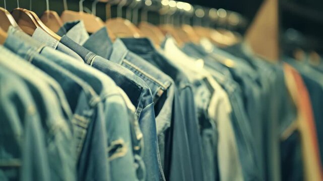 Rows of blue denim jackets in a shop or showroom setting.
