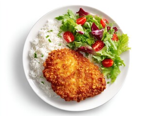 Plate of golden fried cutlet, white rice, and fresh leafy greens with sliced red tomatoes