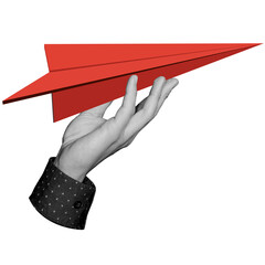 Hand holding paper airplane. Represents idea, innovation, or launching new venture. Part of series