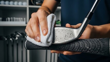 Person cleaning a golf club with a white cloth