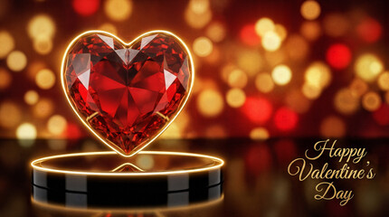 Illuminated red crystal heart on a golden pedestal, with a sparkling bokeh background and the words 'Happy Valentine's Day'.