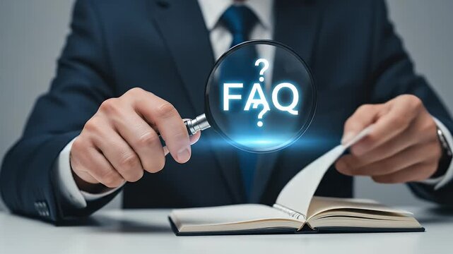 Businessman in Dark Blue Suit with Magnifying Glass Examining Faq Logo with Notebook on Desk in Office Setting, Bright Light